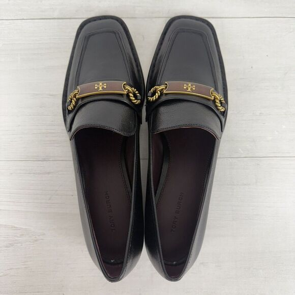Tory Burch Size 8.5 Perrine Loafer Shoes Square Toe Logo Leather Perfect Black - Picture 10 of 16
